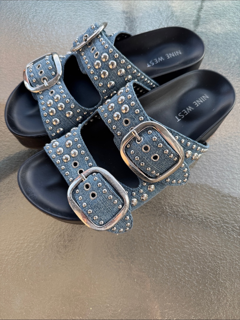 Nine West Denim Studded Double-Buckle Slide Sandals - Blue Sz 6 - Picture 3 of 6